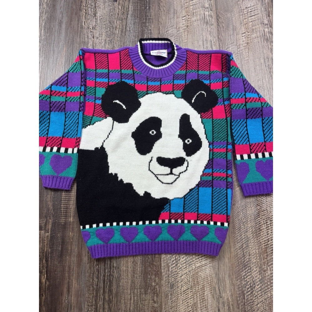 Vintage‎ JJ Poole 80s Panda Bear Sweater Sz M Made in USA Awkward Bright